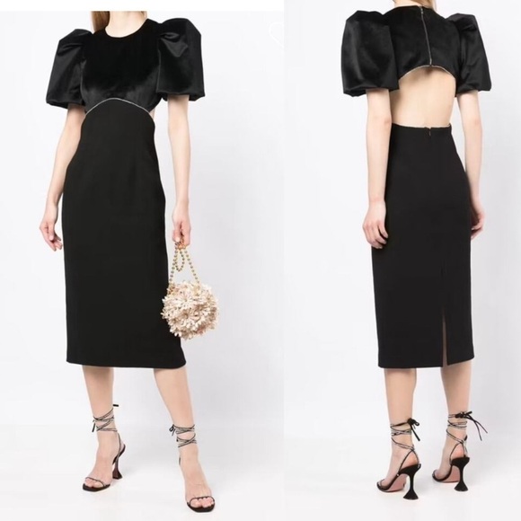 REBECCA VALLANCE PUFF SHOULDER MIDI DRESS IN BLACK SIZE 4 - Picture 3 of 16